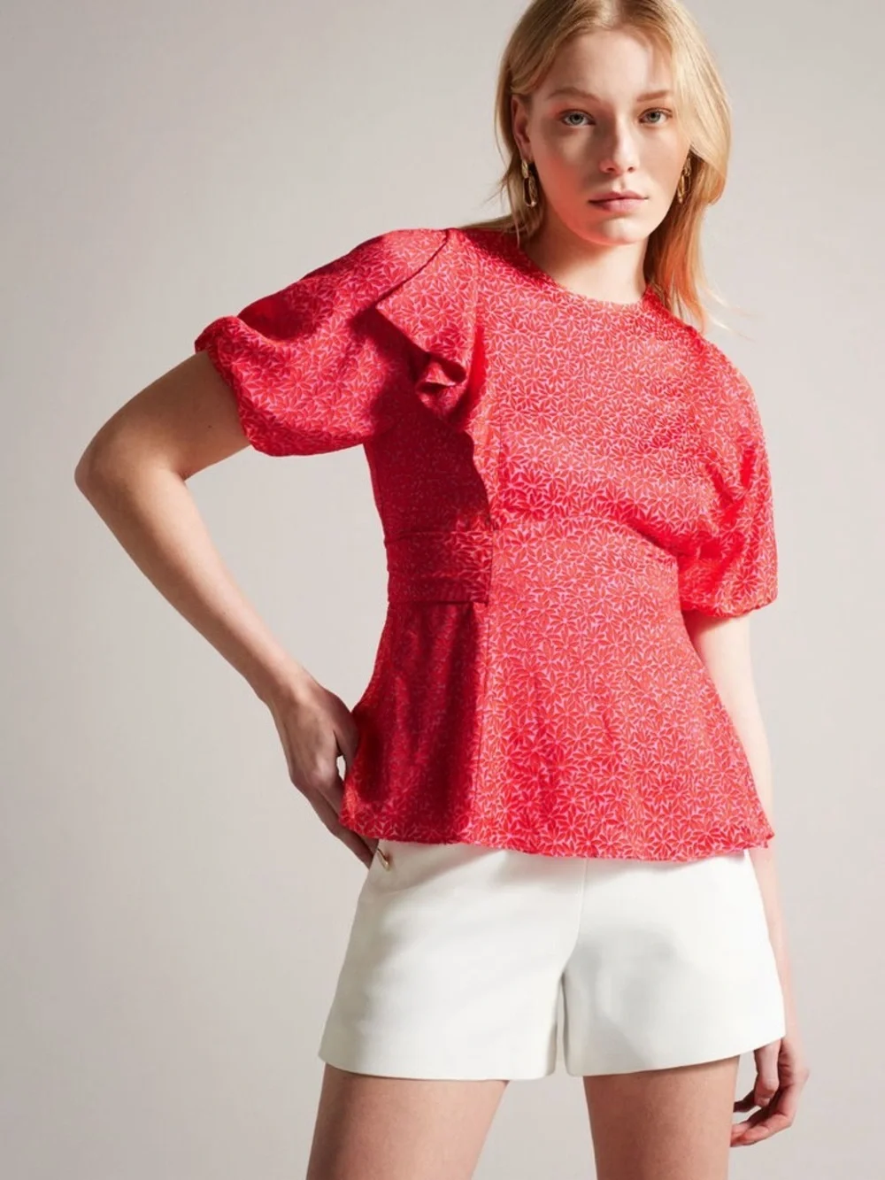 Ted Baker London Devonaa Puff Sleeve Ruffle Top Fuchsia Size XS NWT - Picture 3 of 14